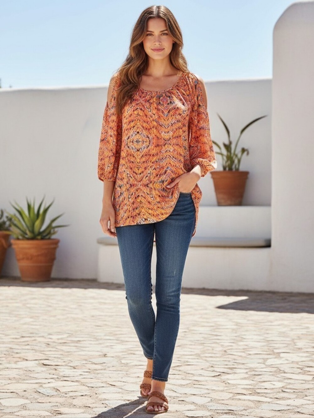 By Design Boho Tunic Top Women's Sz M Orange Print 3/4 Split Sleeve Popover